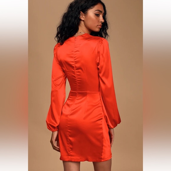 Lulus Late Night Rendezvous Red Satin Long Sleeve Dress Size Small Surplus Neck - Picture 6 of 10